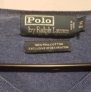 Polo Ralph Lauren Sweater Mens Size LT Navy Blue V Neck Pima Cotton Preppy